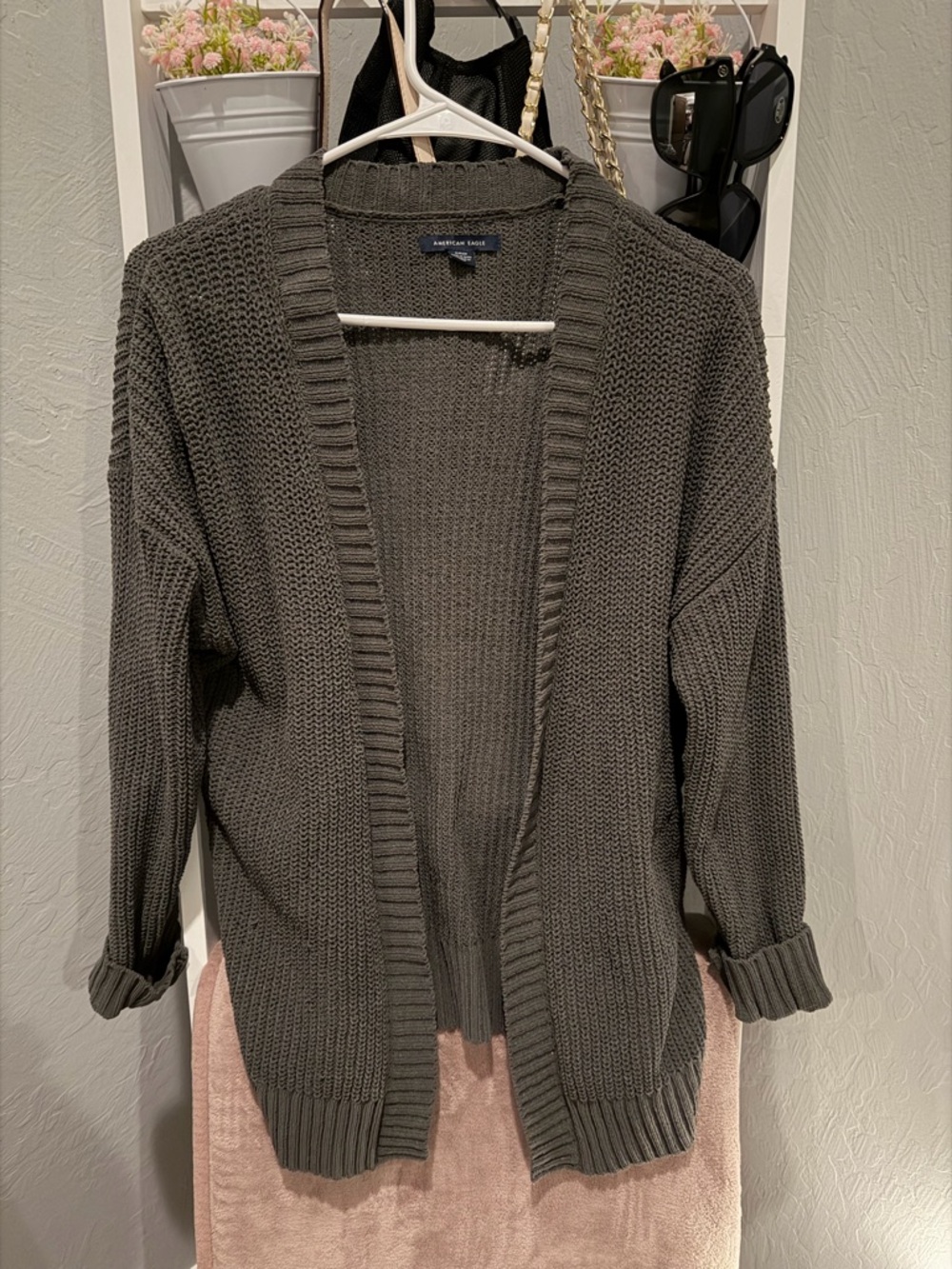American Eagle Outfitters Open-Front Chunky Knit Sweater Cardigan - Army Green